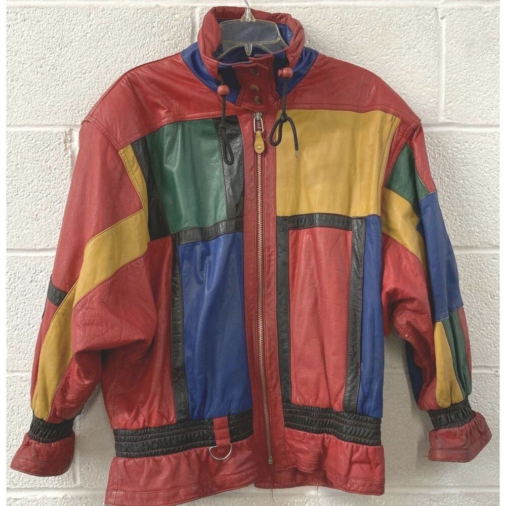 G3 Small Red Leather Jacket Elastic Colorblock 90s Geometric Hip Hop VNT Rap